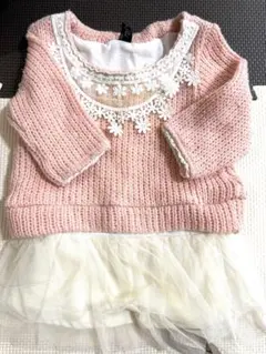 ピンクニットセーター ワンピース　80cm 花刺繍付き