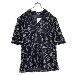 90s 総柄 刺繍 花柄 オープンカラーニットシャツブラウス 五分袖 M 黒