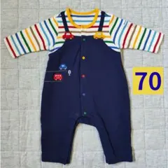 ミキハウス　オーバーオール風ロンパース　70　車　ボーダー　#407