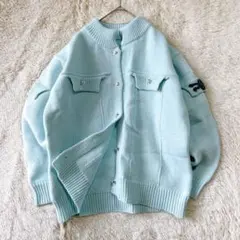 スタンドカラー ニットカーディガン 銀ボタン ワッペン付 厚手 レトロ y2k