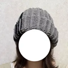 手編み ニット帽 グレー × ブラック リブ編み 男女兼用