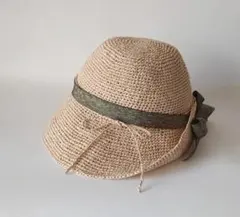 ベージュ ストローハット リボン付き