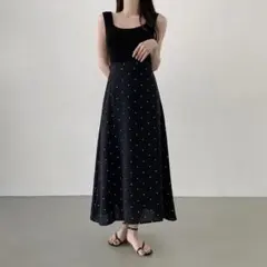 S〜M相当　ハイウェスト　水玉　黒　ロングスカート　フレアスカート