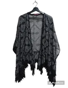 美品 シアーレースデザインカーディガン シアーボレロ 羽織り ブラック 黒 L