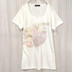 コムサイズム【M】レディース Tシャツ カットソー 白 花柄 ロゴ 金プリント