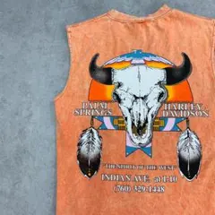 USA製　00s ハーレーダビッドソン　スカル　ノースリーブ　古着　オレンジ　M