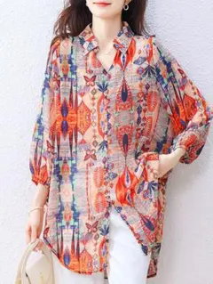 プリント シフォン ブラウス 大きいサイズ 七分袖 大人 パフスリーブ