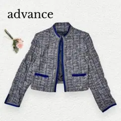 アドバンス　ネイビーツイードノーカラージャケット　L ウール混
