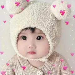 クマ耳ニット帽 ベビー用 アイボリー　モコモコ　あったか　可愛い　防寒　お出かけ