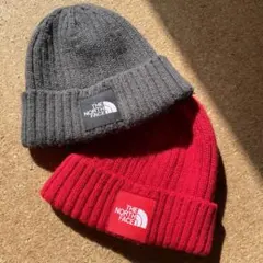 ザノースフェイス　キッズ　ニットキャップセット　グレー&レッド