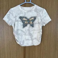蝶刺繍　クロップドTシャツ　半袖　チビT