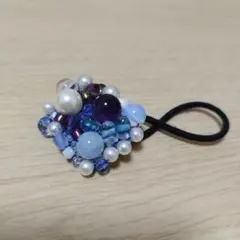 ビーズとパールのヘアゴム 青系　使用感あり