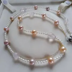 有核淡水パール、ベビーパール、ローズクォーツのセミロングネックレス
