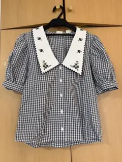 Levi's ギンガムチェック 刺繍襟 半袖ブラウス Mのサムネイル