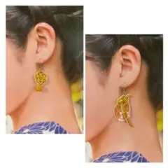 《金属アレルギー対応》アシンメトリーピアス　水引アクセサリー　イエロー（金茶）