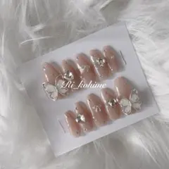 現品　蝶　ちゅるん　ピンクベージュ　ワンホン　ネイルチップ　フレンチガーリー