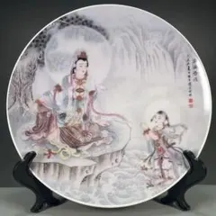 中国美術 観音菩薩 善財童子 飾り皿 置物 陶磁器