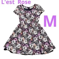 【美品】  LestRose  花柄  膝丈ワンピース M 首・裾シンプルレース