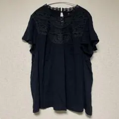レース 刺繍 クルーネック フリル袖 無地 2XL黒 ビッグサイズ ブラウス