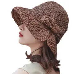 【新品】UVカット つば広 小顔効果 麦わら帽子 ブラウン リボン ハット 帽子