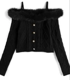 GRL ファーオフショルダーケーブル編みニツトトップス