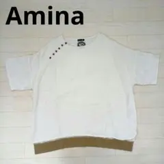 Amina アミナ 半袖カットソー チュニック 裾リブ有 刺繍ロゴ 白のサムネイル
