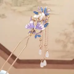 東洋風髪飾り　ロングタッセルかんざし　蝶の簪　チャイナアクセサリー　和風髪飾り紫