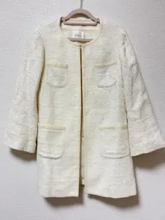 【美品】PLST ホワイト ツイードノーカラージャケットフォーマルカジュアル
