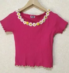 Vintage 半袖 リブカットソー デイジー装飾 ピンクのサムネイル