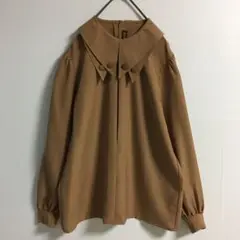 80s ポリシャツ 長袖 2way キャメル 古着女子 レトロ くるみボタン