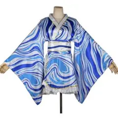 幻の柄 サテン着物 縞模様 ミニ丈 浴衣ローブ コスプレ和装 ブルーのサムネイル