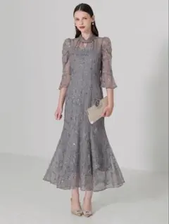 スパンコール花柄パフスリーブマーメイドワンピースドレス結婚式成人式パーティー