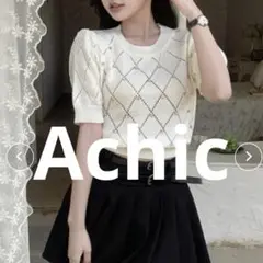アシックAchic ラインストーンニット 半袖 レディース トップス 白