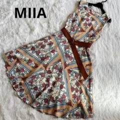 MIIA ミーア スカーフ柄 フレア ワンピース ノースリーブ ベルト付