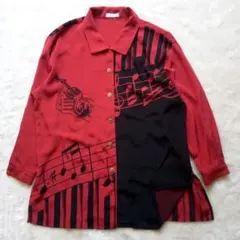 音楽モチーフ 長袖シャツ 赤黒　バイオリン　音符　ピアノ　大きいサイズ
