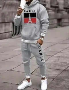【✨新品Parisロゴ✨】スウェット　セットアップ　グレー フード付　パーカー