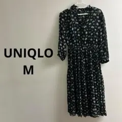 UNIQLO 花柄シャツワンピース 黒 長袖 インナーキャミワンピ付き
