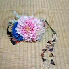 和風髪飾り ピンク青花 リボン型