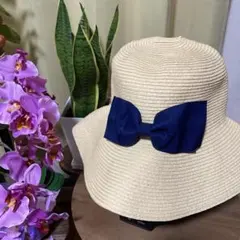 麦わら帽子 リボン付き ベージュ