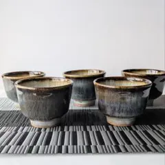 希少品】 相馬焼 大掘相馬焼 九曜紋 湯呑み 昭和レトロ 5客セット 