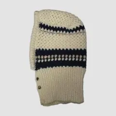 白×ネイビー バラクラバ 手編み ボタン付き 模様編み オーバーサイズ