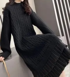 【新品】ロングワンピース　タートルネック ニットワンピ ブラックケーブル編み