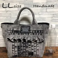 デニムリメイク☆サイドポケット付きトートバッグ フリル♡ LL ブラック