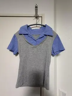 レイヤード風 半袖カットソー ブルー グレー