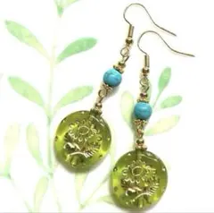 ☆ターコイズとお花のアンティーク風ピアス☆天然石 パワーストーン