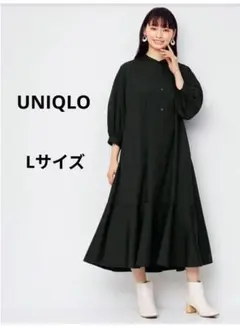 GU バンドカラーシャツワンピース 七分袖 ブラック Lサイズ