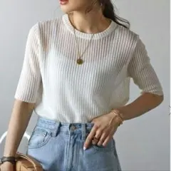 新品　Bonjour Sagan 五分袖ラメニットプルオーバー　白