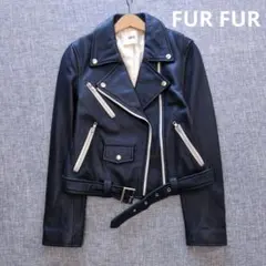ファーファー　ラムレザー　ダブルライダースジャケット　ネイビー×アイボリー