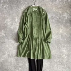 ヒロココシノ ピンタックロングシャツ 刺繍スパンコール チュニック グリーン