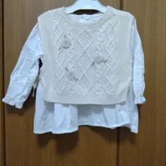 100サイズブラウス＆花刺繍付きベスト重ね着トップス